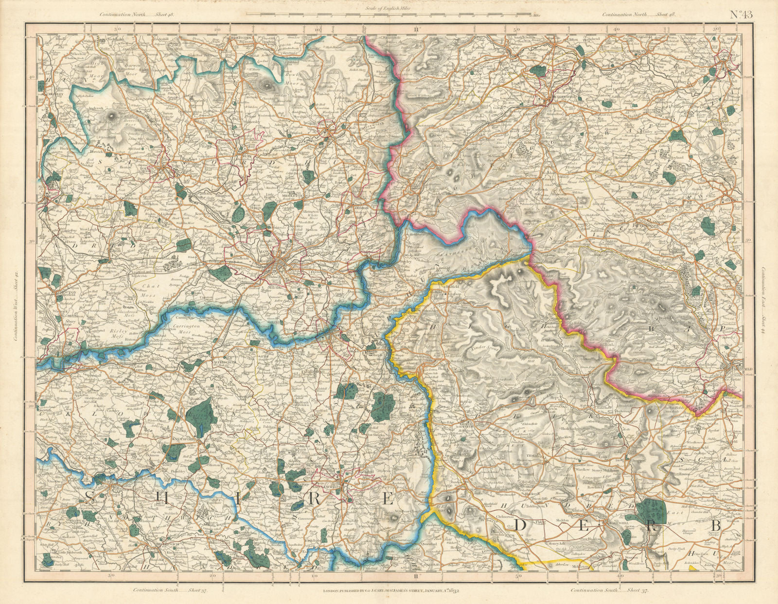PEAK DISTRICT. Derbyshire Lancashire Cheshire Yorkshire Manchester CARY 1832 map